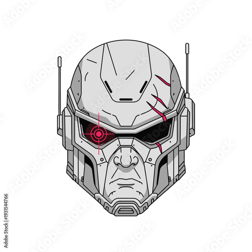 A detailed illustration of a futuristic superhero helmet, featuring metallic textures, battle scars, and glowing red accents, set against a clean white background.