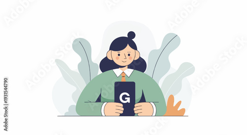 A stylized woman in green holds a dark rectangular object with a large 'G' on it