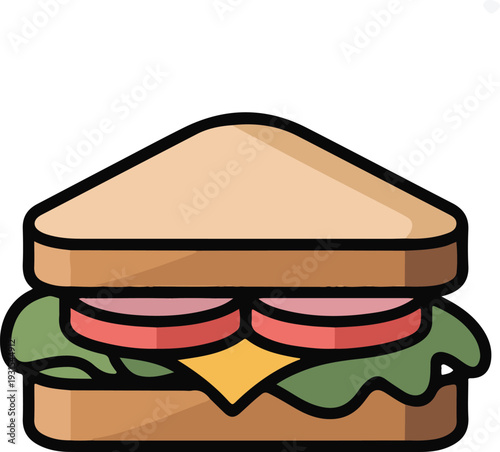 A cartoon sandwich with lettuce tomato and cheese on white background