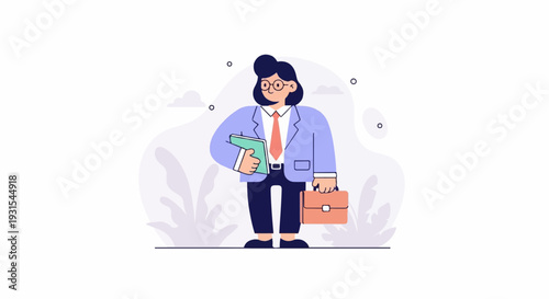 A person in a suit holding a folder and briefcase, standing in a stylized natural setting