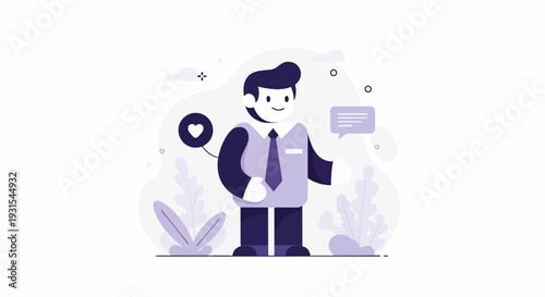 Minimalist illustration of a man in business attire with a heart icon, speech bubble, and abstract plant shapes