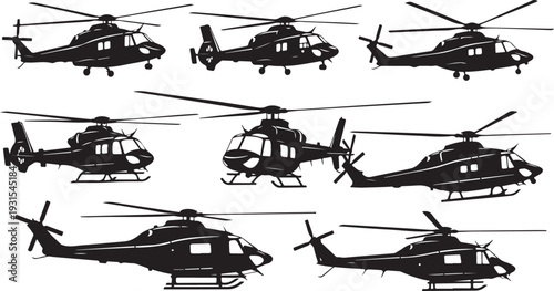Collection of helicopter silhouettes in various flying positions depicted