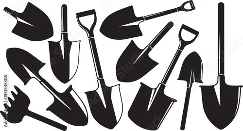 Collection of black gardening tools on white background illustration