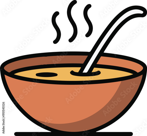 Cartoon illustration of a bowl of soup with spoon inside  isolated on white
