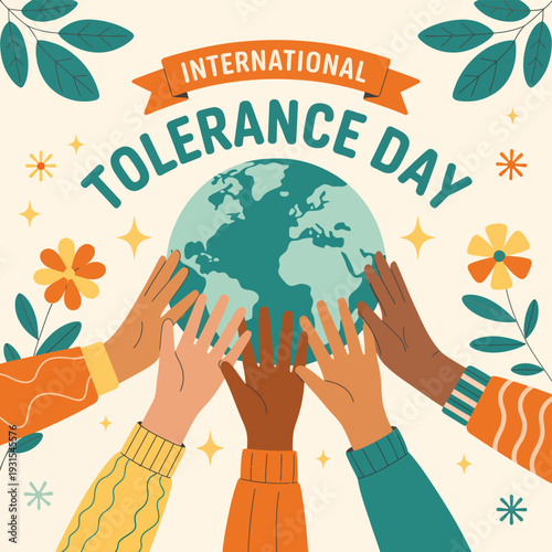 Hands of different colors holding a globe with International Tolerance Day text