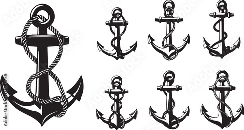 Set of nautical anchor icons with rope details isolated