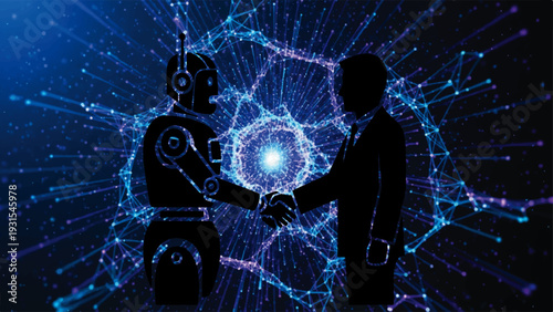 Futuristic technology background showcasing a human silhouette and advanced robot handshake symbolizing AI collaboration and digital future innovation.