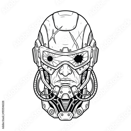 An intense black and white illustration portrays a futuristic, battle-scarred cybernetic human face, complete with a damaged helmet and shattered goggles, evoking a dystopian sci-fi world.