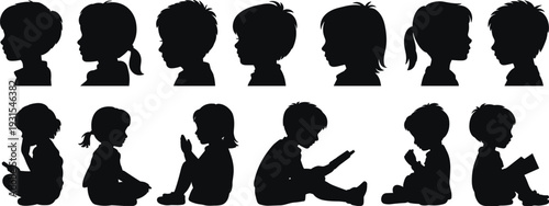 Children profile and reading silhouettes set, kids head side view and sitting boys girls isolated black vector illustration collection on white background