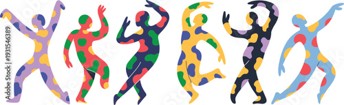 Colorful dancing people silhouettes vector illustration, abstract patterned figures in dynamic poses, modern art design for festival poster or party background