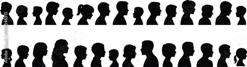 Collection of diverse people profile silhouettes vector illustration, men women and children side view head avatars isolated on white background
