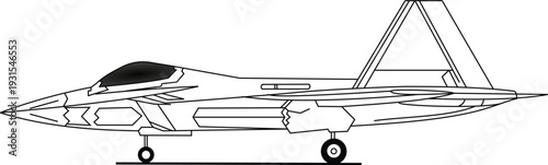 F22 Fighter Jet Lockheed Lightning II Sideview Profile Section Illustration Design