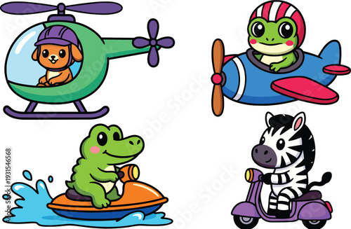 Cute animal transportation cartoon set with puppy helicopter, frog airplane, crocodile jet ski and zebra scooter isolated on white background
