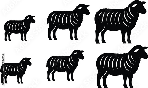 Sheep silhouette vector set, black farm animal collection with woolly lamb and ram figures, livestock illustration isolated on white background