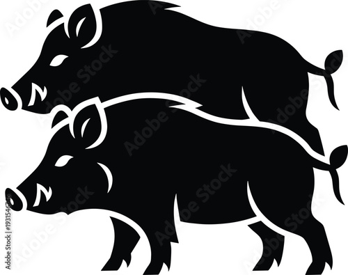 Wild boar silhouette vector illustration, black feral pig animal set with tusks and strong body, wildlife design isolated on white background