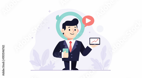 Businessman with phone, tablet displaying growth chart, and video icon
