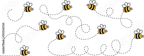 Cute flying bees with dotted flight paths, adorable cartoon insect collection isolated on white background for kids design and spring decoration