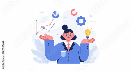 Woman balancing graph and idea, surrounded by business icons