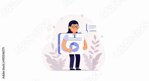 Digital presentation with play button on screen, character holding tablet