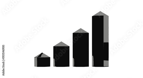 abstract bar chart illustration with four ascending black and grey buildings depicting business growth market progress and increasing success.