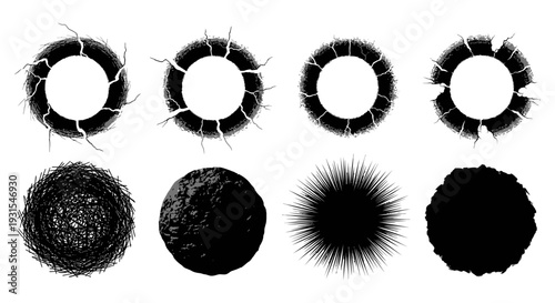 abstract grunge circles and diverse textured design elements illustrating cracks nests and spiky shapes for modern graphic projects.