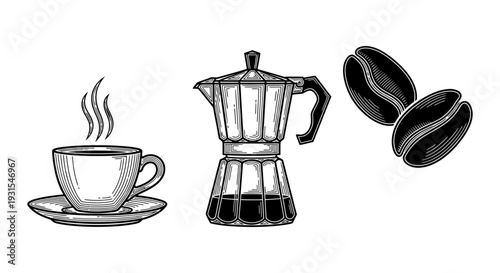 coffee illustration featuring a steaming hot cup a classic moka pot and roasted beans ideal for cafe branding.