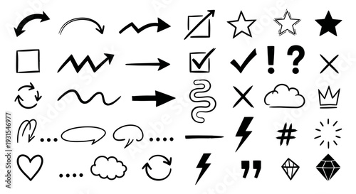 collection of hand-drawn doodle arrows shapes and essential symbols for creative uiux design and visual communication projects