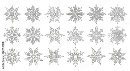 detailed snowflake collection showcasing unique crystalline patterns isolated on white evoking winter and festive holiday season.