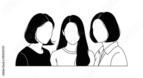 diverse women with various hairstyles stand together in a minimalist flat illustration representing female community and empowerment.