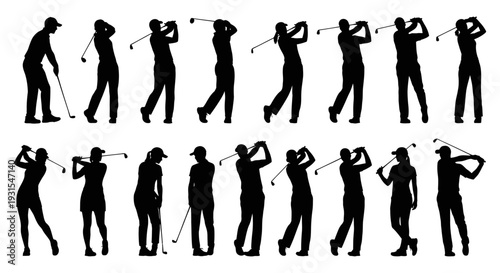 dynamic golf swing silhouettes of male and female golfers illustrating various athletic movements and stages of play for sports and leisure.