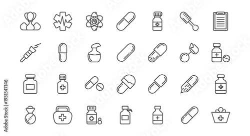 modern medicine and pharmacy line art icons set perfect for healthcare websites apps infographics and educational content.