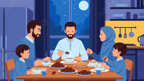happy muslim family enjoying an iftar meal at home at night breaking their fast during ramadan celebrating togetherness.