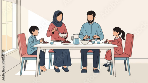 muslim family iftar dinner parents and children breaking fast with dates and water celebrating ramadan tradition.