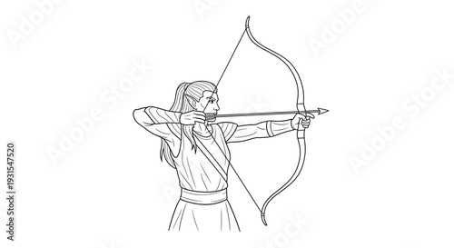 Elven Archer Preparing to Shoot Coloring Page for Teens and Adults. transparent.