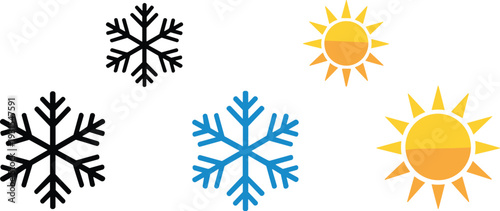 Snowflake and sun icon set, winter and summer weather symbols collection, seasonal climate vector illustration isolated on white background