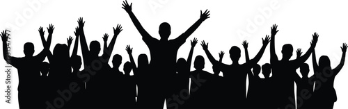 Large group of black silhouettes of people cheering and raising hands, concert crowd or fan audience