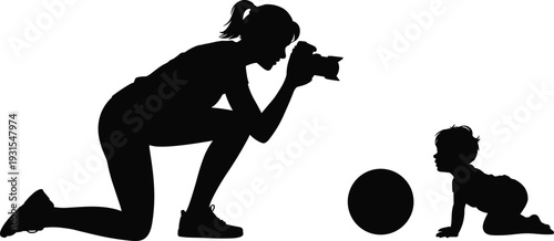 Mother taking photo of crawling baby silhouette vector illustration, woman photographer capturing toddler with ball isolated on white background