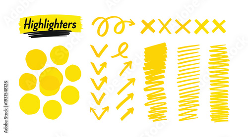Collection of various yellow highlighter marks and symbols isolated on white background for editing and design purposes easily
