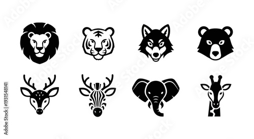 Collection of Various Animal Faces in Black.