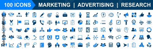 Set of 100 marketing icons in blue color style. Huge collection of marketing, advertising, strategy, research
