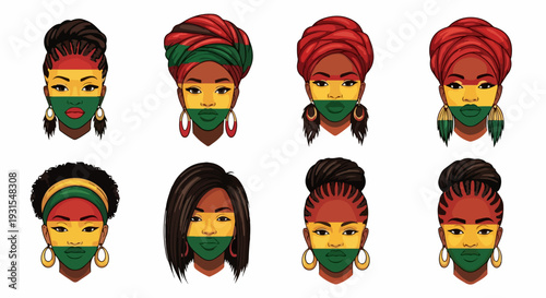 Diverse African women display unique hairstyles, cultural headwraps. Each portrait features vibrant red, yellow, green face paint, symbolizing Pan African identity. Concept African women for heritage,