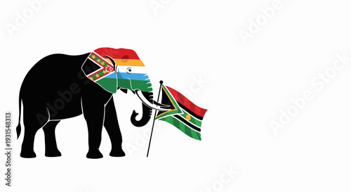 Stylized black elephant symbolizes international relations, adorned with flags of India, South Africa, and South Sudan.