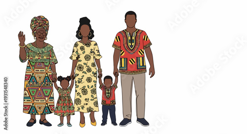 African family with grandmother, parents, children. Multi generational African family wears traditional clothing, symbolizing heritage, unity. Image African family for diversity, community,