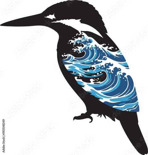 Kingfisher silhouette filled with Japanese wave pattern, isolated on white