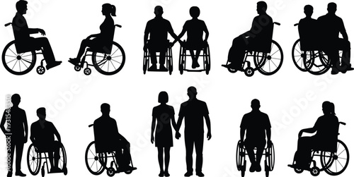 Wheelchair users and inclusive community silhouettes set, disabled men and women mobility support isolated black vector illustration collection on white background