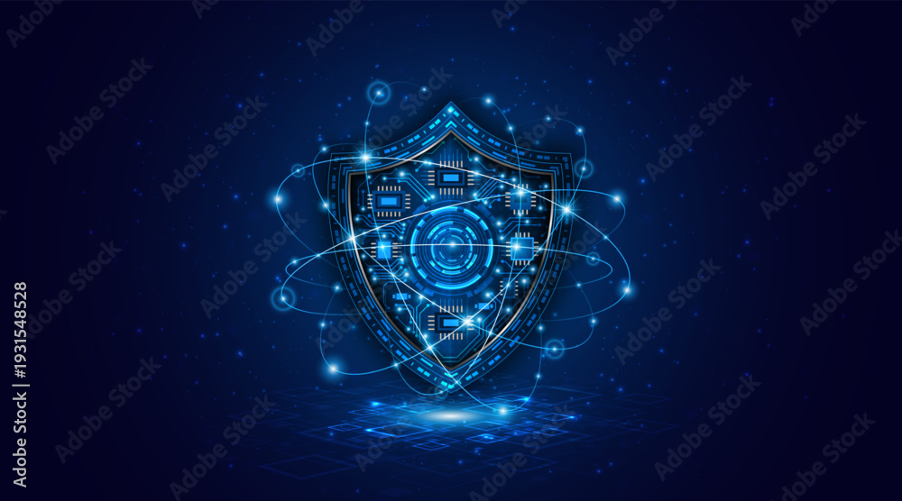 Fototapeta premium Abstract technology circuit board background with shield symbols concept of data protection and cyber privacy. modern security technology innovation concept background