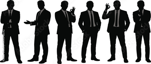 Businessman silhouettes standing in various poses, professional male character set, corporate team group, successful executive collection