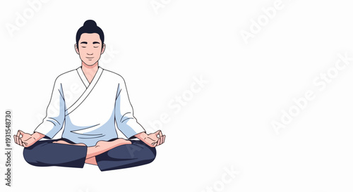 Animated meditating man in lotus position on white background, depicting peace and concentration. Calm meditating man wears traditional clothing, embodying mental clarity and spiritual well-being.