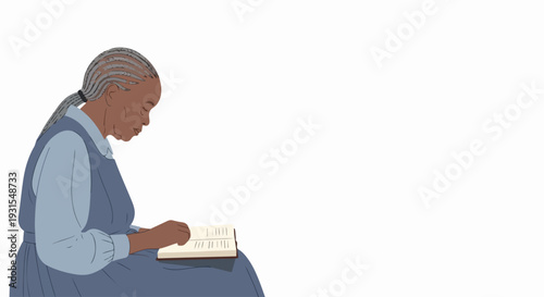 Elderly woman reading a book with focused expression, showcasing a moment of quiet contemplation and learning. Senior woman reading intently, dressed in modest blue attire,