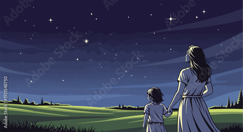 Starry night sky illustration featuring mother child observing stars above green field. Starry night sky evokes peaceful family moment, fostering wonder. Concept starry night sky for dreams,